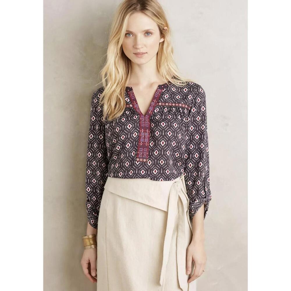 One September from Anthropologie Bohemian Blue Printed Folia Blouse - Size - XS